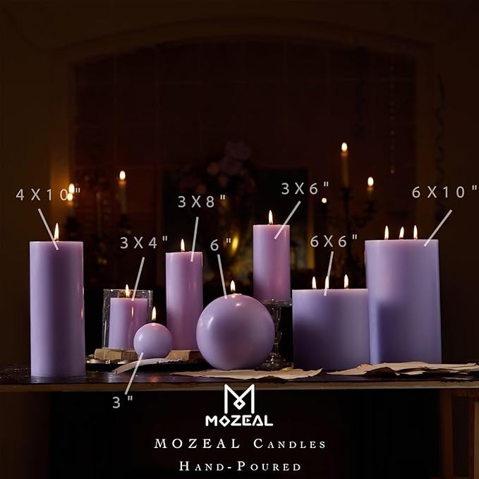 MOZEAL 4" x 10" Extra-Large Lavender Pillar Candles (Set of 2), Unscented, Dripless, Smokeless, Long Clean-Burning,Tall 10 inch Large Lavender Pillar Candles for Relaxing Evenings and Aromatic Decor