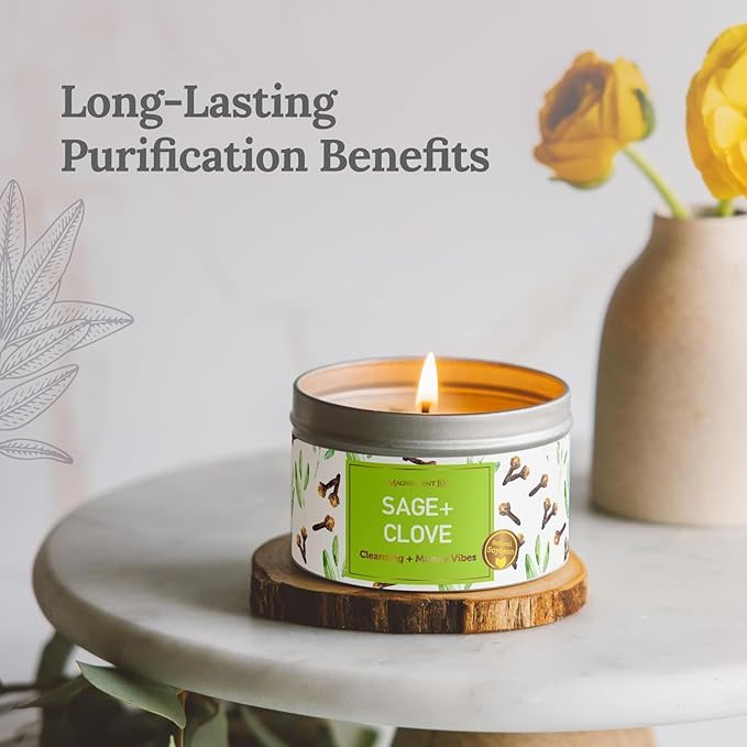 MAGNIFICENT 101 Sage & Clove Aromatherapy Candle - 6 Oz White Soy Wax - 35-Hour Burn Time - Long Lasting Sage & Energy Cleansing - Manifestation & Spiritual Decor