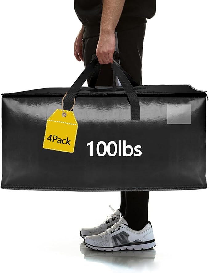 4 Pack Real 100lb Capacity Heavy Duty Moving Bags with Strong Zippers and Reinforced Handles, Extra Large Storage Totes for Packing & Moving Storing, Space Saving Alternative to Moving Boxes-95L,Black
