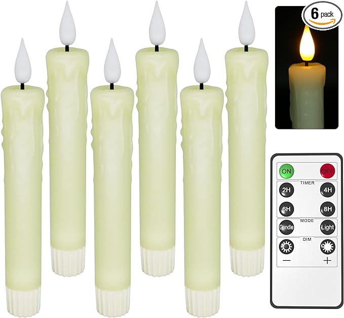 PChero Real Wax LED Flameless Taper Candles with Remote Timer, 6.4 Inch Ivory LED Candlesticks Battery Operated with 3D Flickering Flame for Christmas Window Halloween Wedding Party Home Decor