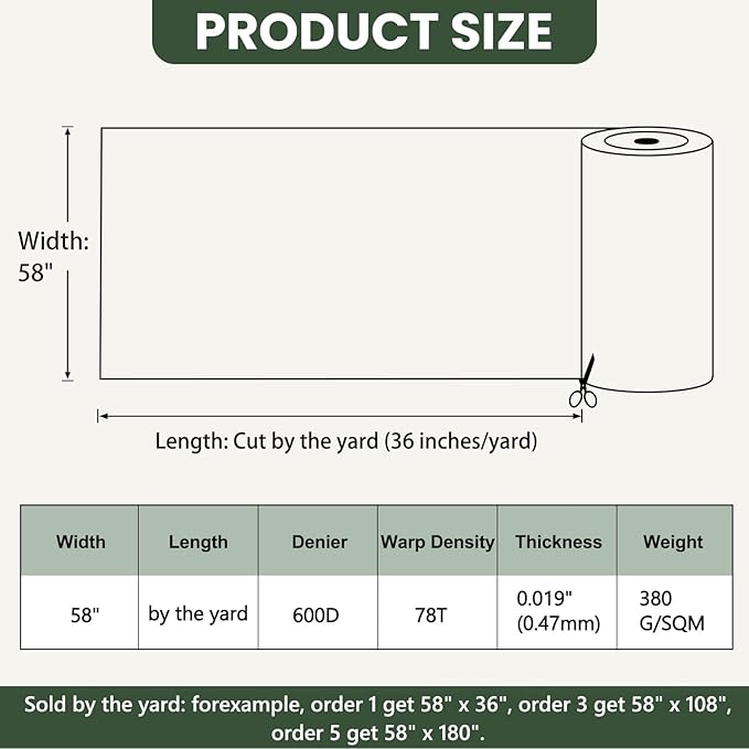 Waterproof Marine Canvas Fabric by The Yard 58" W 600D PVC Backing Water-Resistant Polyester Fabric Upholstery Material for Outdoor Indoor Marine Awning Tent Boat Furniture Cover DIY, 10 Yards Green