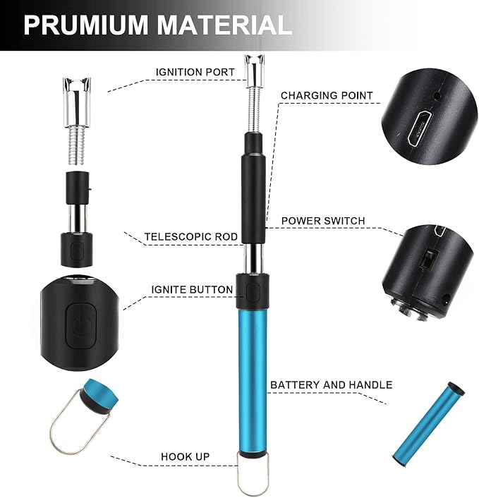 Electric Long Lighter,Retractable Length(11.4in-27.55in),Lgnition Port Can be Rotated 360°,Flameless Electronic Stick Lighter,Wind- & Weatherproof Long Lighter for Kitchen, Grilling, Stove, etc.(blue)