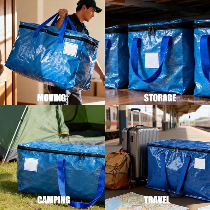 6 Pack Extra Large Moving Bags with Strong Zipper & Handles Heavy Duty Clothes Storage Bags Packing Moving for College