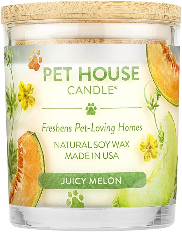 Pet House Candles, Natural Plant-Based, Long Lasting Candles for Pet Odor, 60 Hour Burn Time - Juicy Melon, 9 oz