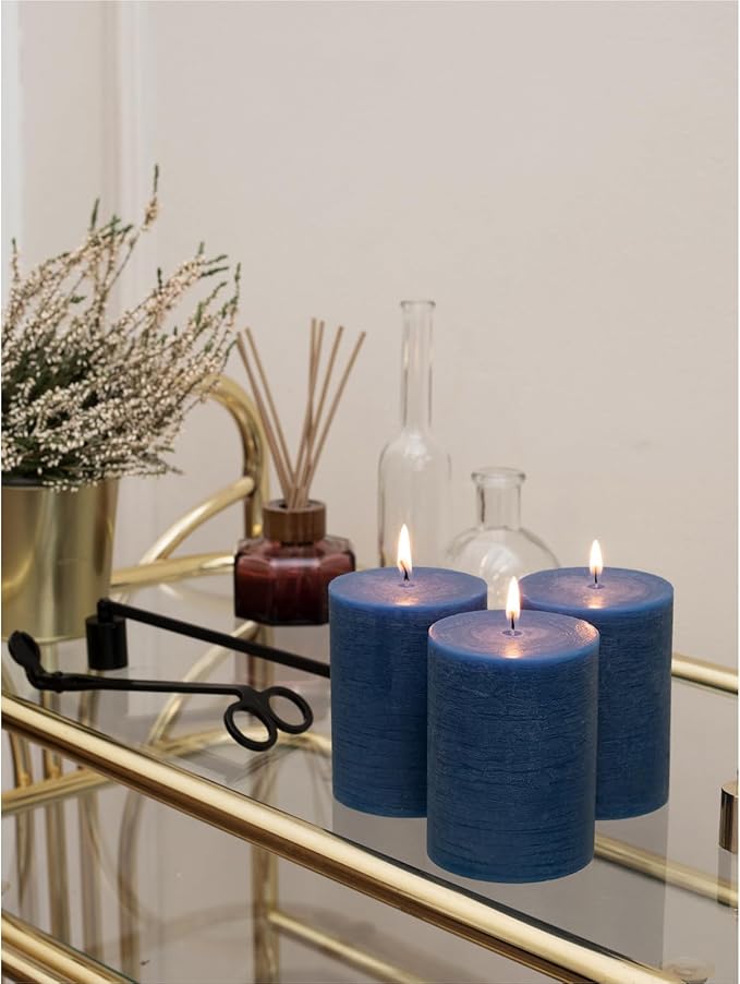 CANDWAX 3x4 inch Pillar Candles Set of 3 – Unscented Dripless Rustic Dark Blue Candles for Room Decor, Weddings, Centerpieces