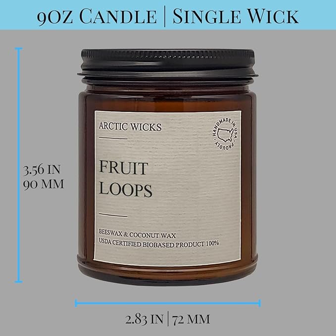 Arctic Wicks Scented Coconut Beeswax Candles | Coconut Beeswax Non Toxic Candle 9oz Amber | Farmhouse Candles Non-Toxic Clean Burn 100% USDA Certified Biobased (Fruit Loops)