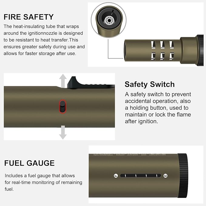 Camping Lighter, Torch Lighter, Windproof Jet Flame Butane Refillable Adjustable Flame with Safety Lock&Fule Guage for Campfires Kitchen Hiking Candles Fireplace BBQ Outdoor Camping Essentials(Brown)