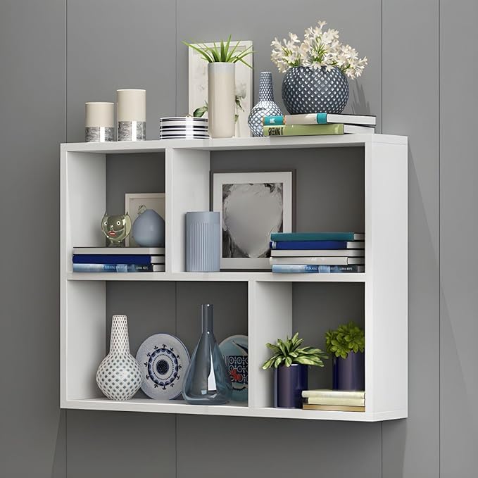 RUNNUP Floating Wall Mount Bookcase Engineered Wood Book Shelf Decor Wall Shelf for Study Room Office Living Room, White 31.5" L x 7.9" W x 25.6" H