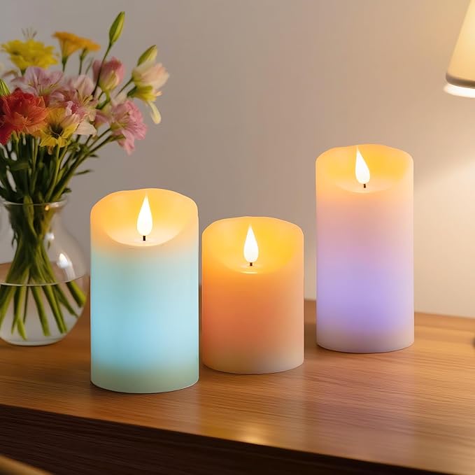 Rechargeable Colored Candles with Remote - LED Pillar Candles with USB Charging Cable, 3D Realistic Flame, Real Wax Flameless Candles for Christmas Decor and Romantic Home Decor – 4" 5" 6" H, 2.95" D