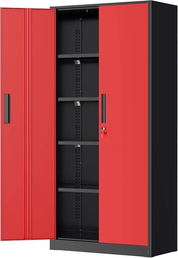 Greenvelly Metal Garage Storage Cabinet with Lock, 72" Metal Storage Cabinet with 2Doors and 4Adjustable Shelves, Steel Tool Cabinet for Home Office, School,Gym (Black&Red)