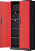 Greenvelly Metal Garage Storage Cabinet with Lock, 72" Metal Storage Cabinet with 2Doors and 4Adjustable Shelves, Steel Tool Cabinet for Home Office, School,Gym (Black&Red)