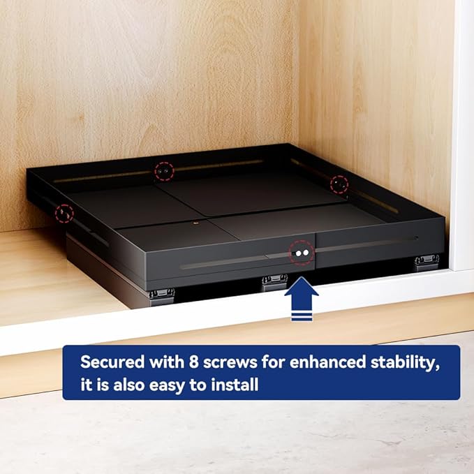 Pull Out Cabinet Organizer With Raising Pad for Framed Cabinets,Adjustable Depth(12.8"-17.5") And Width(14.8"-20.5"),Slide Out Drawers,No Drill Design,Heavy Duty Storing,Black