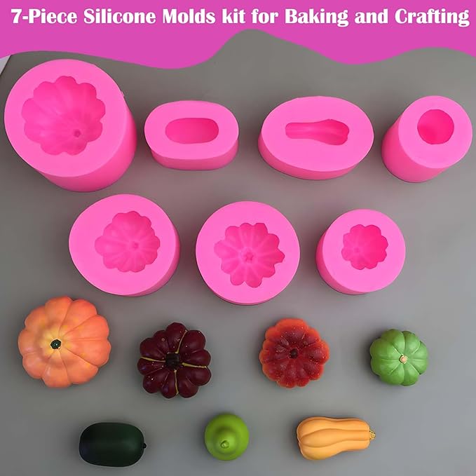 7-Piece Silicone Molds kit for Baking and Crafting - Pumpkin, Winter Melon, Gourd Shapes - DIY Cake Chocolate Soap Candle Ice Making - Creative Kitchen Accessories