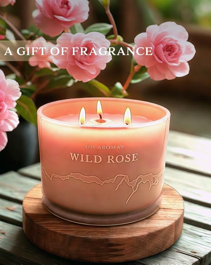 Wild Rose Scented Candles - 100% Natural Soy Wax - Large 3 Wick Jar Candle - Up to 50 Hours Burning Time - Candles for Home - Gift-Ready Candle for Men & Women - Aromatherapy