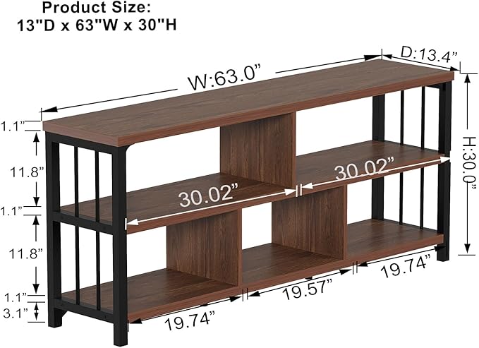 IBF Long Bookshelf, 63” Wide Low Open Book Shelf, Industrial 5 Cube Horizontal Bookcase for Bedroom Home Office, 3 Tier Wood Metal Cubby Storage Organizer Shelf for Living Room, Walnut, 63 Inch