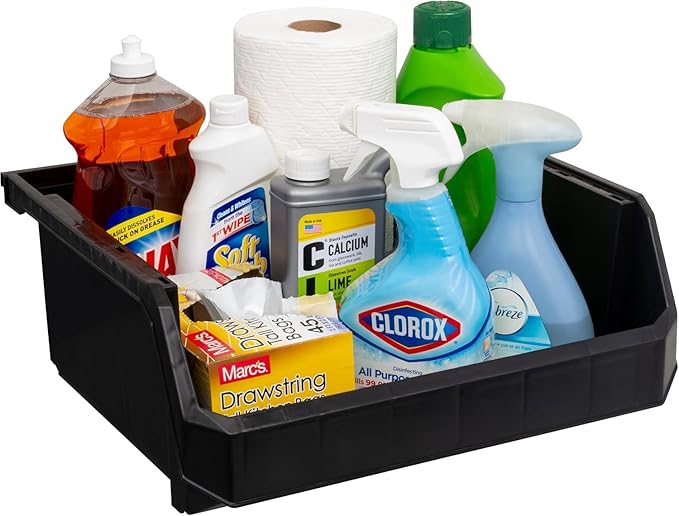 Extra Large Plastic Storage Bins, Stackable Organizer Containers for Closet Pantry Shelf Garage and Office Organization, Black, 4 Pack