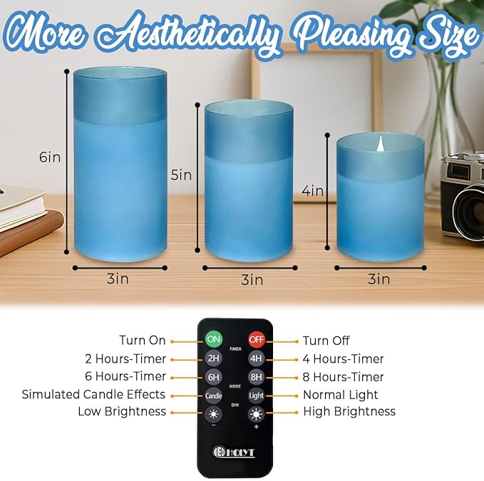 Rechargeable Flameless Candle, Flickering LED Pillar Glass Fake Candle with Remote and Timer, Built-in Battery Real Wax Electronic Candle for Room Decoration, Set of 3