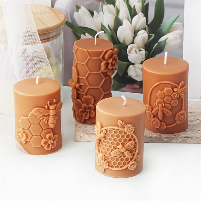 Bee Honeycomb Flower Cylinder Candle Mold, Honeybee Beehive Pillar Silicone Mold for Beeswax Candle, Soy Wax Candle, Plaster Ornament, DIY Crafts (A)