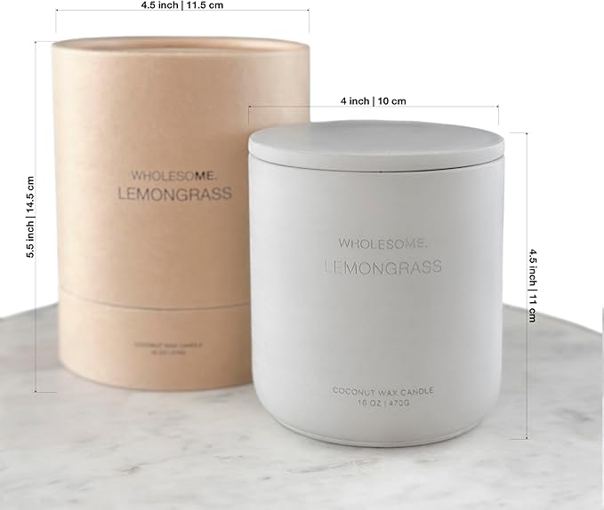 WHOLESOME. Lemongrass Scented Non-Toxic Candles for Home, 2 Wicks Natural Coconut Wax Candle Eco-Friendly, Luxury Aromatherapy Candles Stress Relief, 16 oz Large Concrete Jar, 90 Hours Burn
