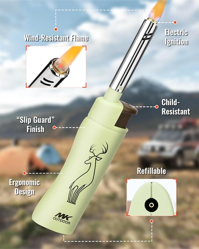 MK Lighter 5pcs. Outdoor Series Candle Lighters, Windproof Torch Flame, BBQ Grills, Camping Lighters, Outdoor Activities, Refillable Butane, Multipurpose Lighters (Assorted-5pc)