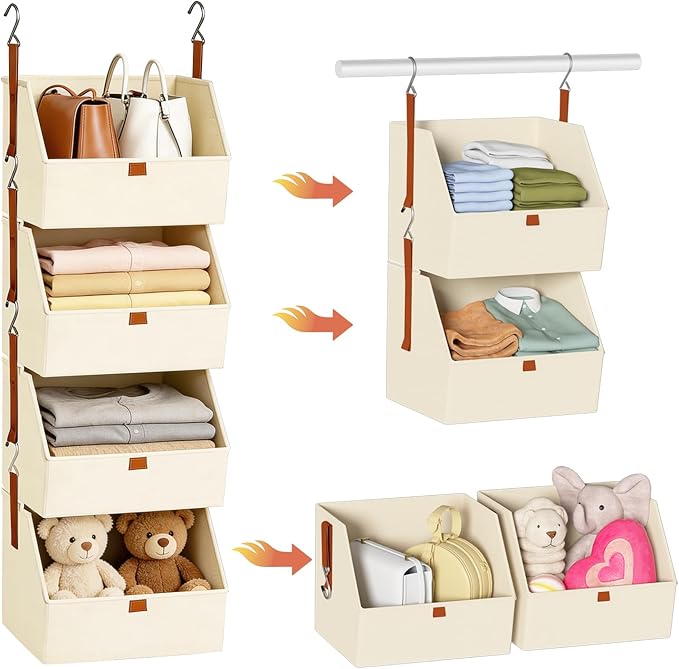 Hanging Closet Organizer 4 Tier, Clothes Hanging Shelves with Foldable Storage Baskets, Space-Saving Closet System for Bedroom, Home, Dorm, RV, Hat, Bags, Shoes
