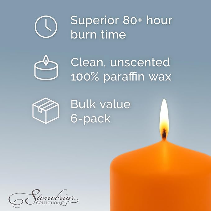 Stonebriar Unscented Pillar Candles – 80 Hour Burn Time, Long-Lasting Wax Candles for Weddings, Holidays, Home Décor & Special Events, Pack of 6, Orange, 3" x 8"