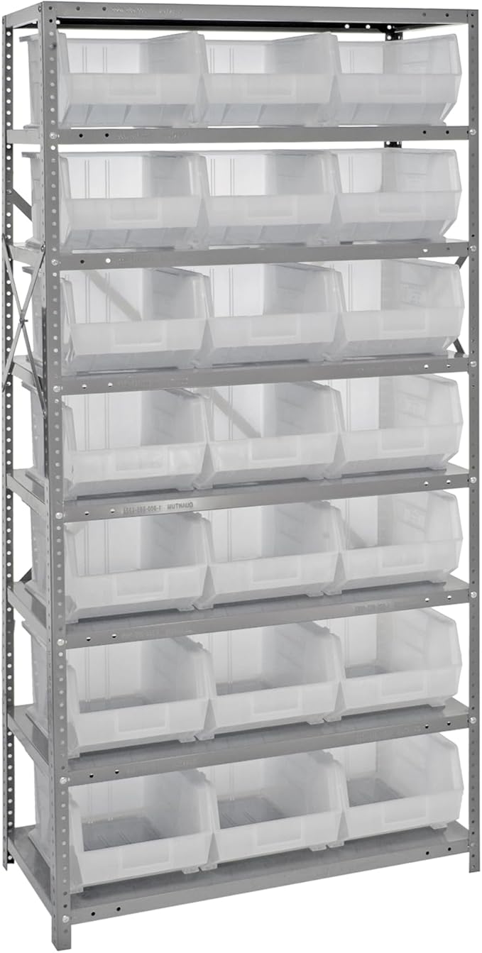 Quantum Storage Systems QSBU-255CL Giant Open Hopper Steel Shelving System, 18" D x 36" W x 75" H, with 8 Shelves and 21 QUS255 Bins, Clear