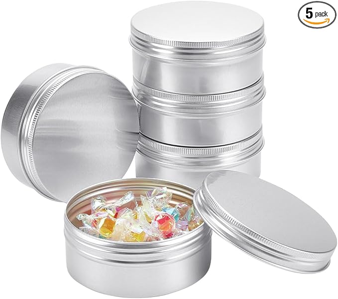 BENECREAT 5 Pack 8.5 OZ Tin Cans Screw Top Round Aluminum Cans Screw Lid Containers - Great for Store Spices, Candies, Tea or Gift Giving (Platinum)