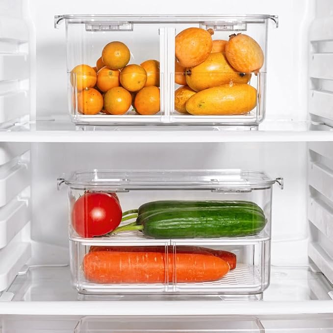SANNO Produce Saver Fresh Keeper Vegetable Fruit Storage Containers, Refrigerator Fridge Stackable Bins with Lids and Vents, Stackable Salad Lettuce Keeper,BPA-freeContainers Bin-