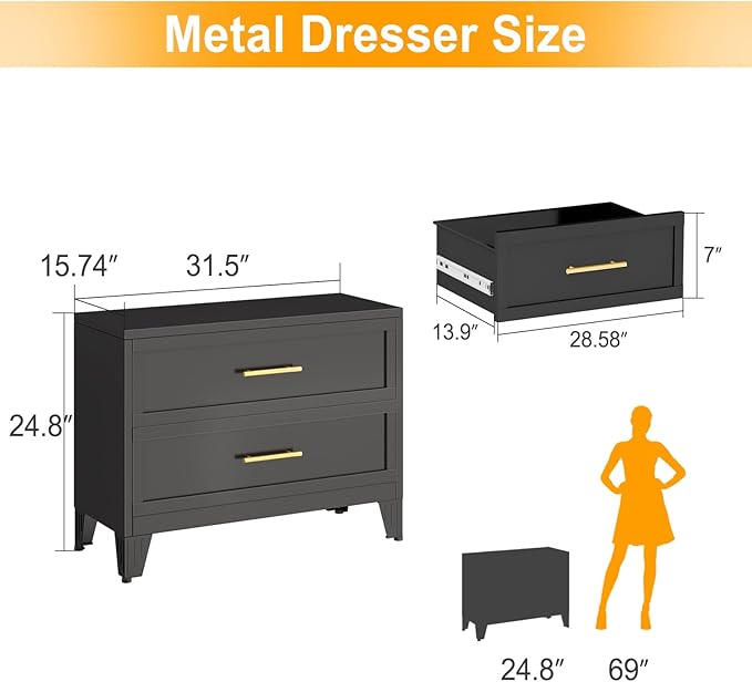 Ckzbx Metal Dresser for Bedroom 2 Drawers Dresser Metal Storage Dressers Organizer,24.8" H Black Drawer Chest, Closet Organizers for Living Room, Hallway, Closet