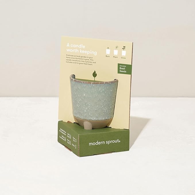 Modern Sprout Glow and Grow Kit - 2 in 1 Scented Candle That Grows into a Basil Plant - 12 oz Soy Candle with 78 hr Burn time in Glaze Ceramic Vessel - Planter Ideal for Home Decor Aesthetic