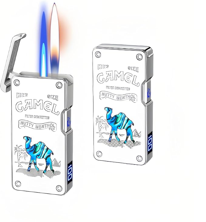 Smart Butane Lighter with 5 Ignition Methods, Voice-Activated Dual Flame Lighter with Windproof Blue Torch and Soft Flame Options, Rechargeable and Refillable Lighters (Without Fuel) (Platinum)