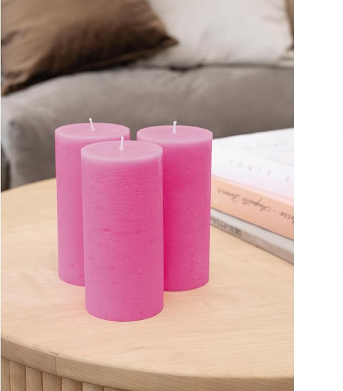 CANDWAX Large Pillar Candles 3x6 Inch – Set of 3 Unscented Candles Hot Pink Candles, Rustic Style for Valentines, Weddings, Home Interior