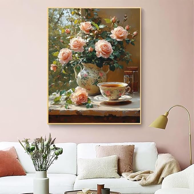 Diamond Painting Kits for Adults Tea Diamond Painting Kits Flower 5D Full Square Drill Strass Crystal Crafts for Adults DIY Art Kit for Beginner, Home Wall Art, Gifts for Women 24x35in R-49950Q