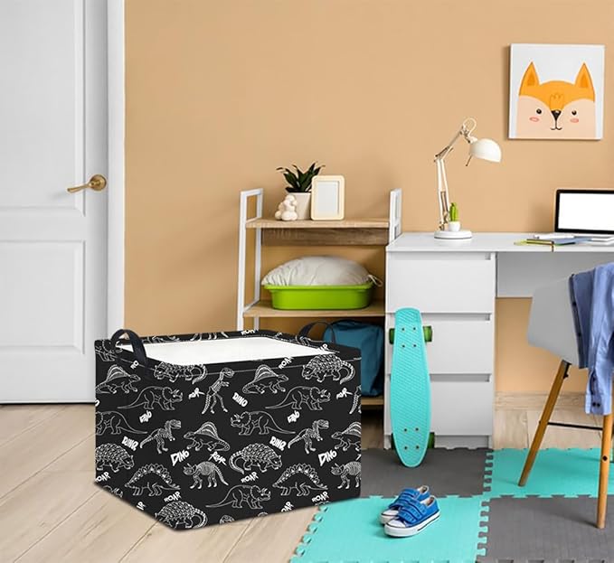 Rectangle Storage Basket with Handles,Collapsible Storage Bin,Books Box,Gift Basket(Black Line Dinosaur)