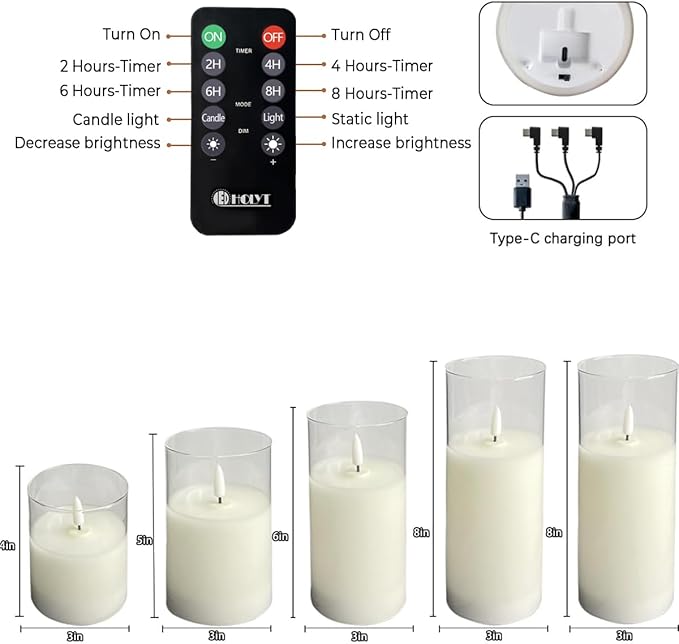 Rechargeable Flameless Candle, Flashing LED Pillar Real Wax Candle with Remote Control and Timer, Teardrop Wick, Clear Glass Electronic Candles, 1 Set of 5