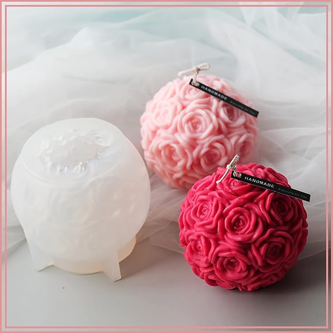 Large Rose Ball Candle Molds 3D Rose Flowers Silicone Mould Valentine's Day Resin Casting Mold for DIY Candle Making Homemade Soap Polymer Clay Craft Plaster