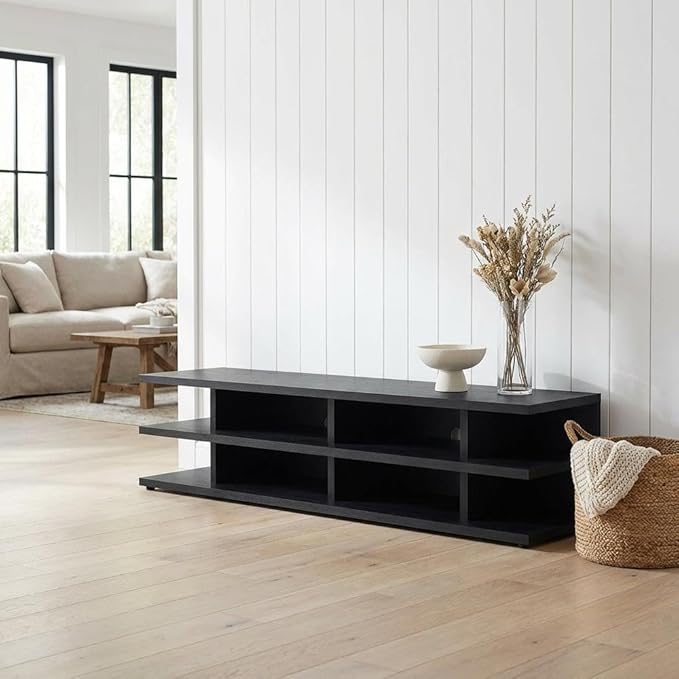 Furnifact Black 2 Tier TV Stand Media Console, Contemporary Living Room Entertainment Center with Engineered Wood Construction and Modern Design