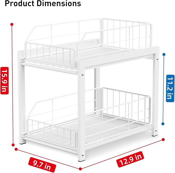 2 Tier Sliding Basket Drawer Organizer, Pull Out Under Sink Cabinets Organizers, Metal Home Shelf for Bathroom or Kitchen, Sliding Countertop or Pantry Storage Shelf, White