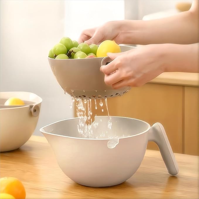 2-1 Colander for Kitchen-Rotatable Strainers for Kitchen-strainer bowl-Pasta Strainer-fruit strainer-Veggie Wash-kitchen stuff (Greyish White)