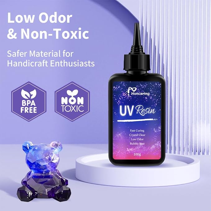 Honcaring UV Resin Kit 200g with UV Light, Hard Type UV Resin Kit, Upgraded Formula & Crystal Clear UV Resin for Jewlery Making, 100g*2 Resin UV Kit with Light for Earring, Pendant, DIY