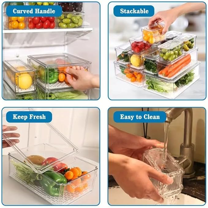 INNOVATIVE LIFE 14 Pack Refrigerator Organizers and Storage, Stackable Fridge Organizer Bins with Lids, BPA-Free Produce Fruit Storage Containers for Storage Clear for Food, Vegetable Storage