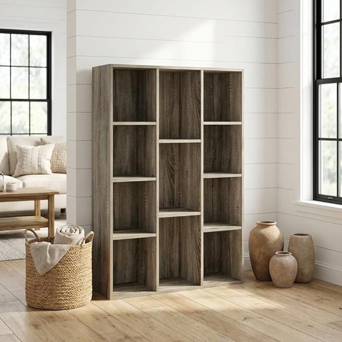 Furnifact French Oak 11-Cube Reversible Open Shelf Bookcase, Durable Wood Construction, Multi-Functional Storage Solution, Modern Wooden Design