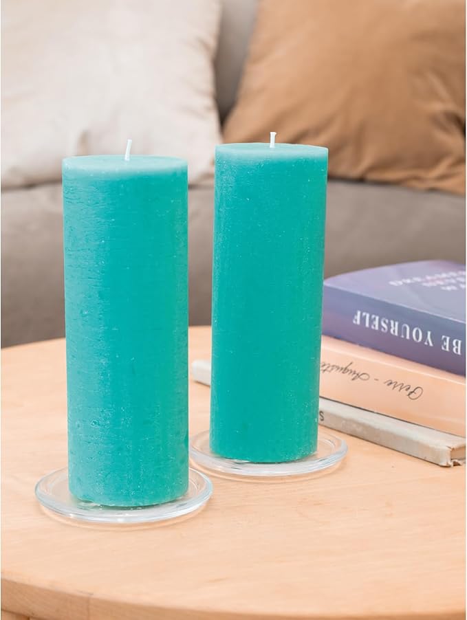 CANDWAX Turquoise Pillar Candles 3x8 Inch – Set of 2 Unscented Dripless Large Candles, Rustic Finish for Weddings, Home Decor, Events