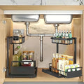 2-Tier Multi-Purpose Under Sink Pull Out Organizer with 4 Hooks, Drawer Style Sink Storage Rack Suitable for Kitchens, Bathrooms and Food Seasoning Bottle Storage Cabinets