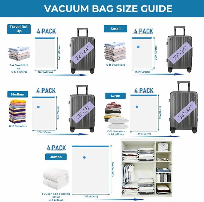 Travel Vacuum Bags with Rechargeable Cordless Pump, 20 Pack Vacuum Seal Bags for Clothing Travel Compression, Space Saver Vacuum Storage Bags for Clothes, Blanket, Bedding, Pillows, Comforters