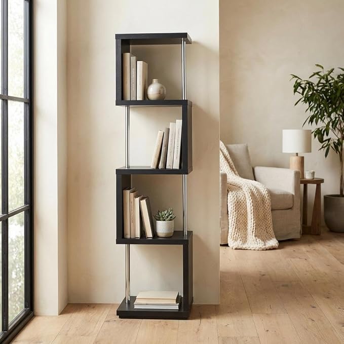 Furnifact Black Bookshelf with 4 Shelves, Contemporary Style, Tipover Restraint, Sturdy Construction, Modern Design for Living Room and Office