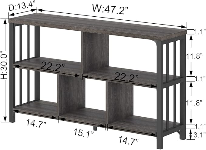 IBF Industrial 5 Cube Storage Organizer Bookshelf, Rustic Low Horizontal Book Shelf, Metal and Wood Cube Bookcase for Bedroom, Modern Wide Cubby Shelf for Living Room Home Office, Dark Grey Oak, 47 In