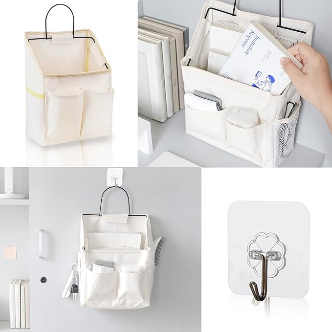 4 Pack Wall Hanging Storage Bag Fabric Hanging Bag Organizer with 4 Pockets, Wall File Organizer with 8 PCS Sticky Hooks for Bathroom Dormitory Office Rv Storage and Organization (2 White+2 grey)