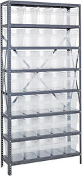 Quantum 1875-SB804CL Heavy Duty Shelving Unit with (8) Shelves and (35) SSB804 Clear Bins for Industrial Warehouse Storage Distribution | 400 lbs Capacity | 18"D x 36"L x 75"H, Galvanized Carbon Steel